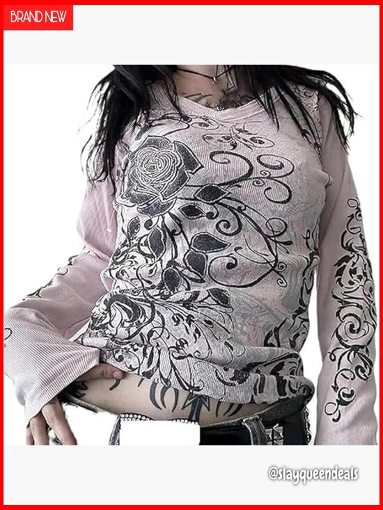 Tops - Gothic Graphic Print Long Sleeve Crew Neck Tee Y2K Grunge Vintage Tops